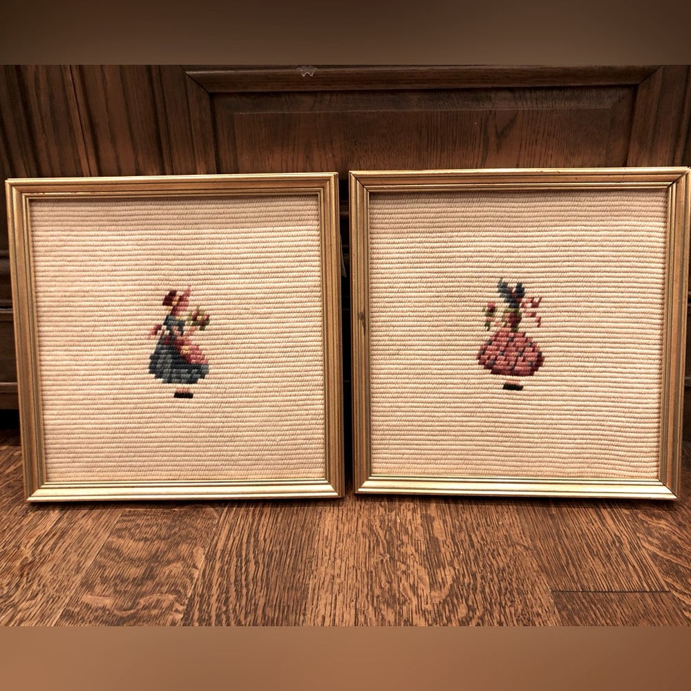 Framed Needlepoint Wall Art Pair in Cream and Pink